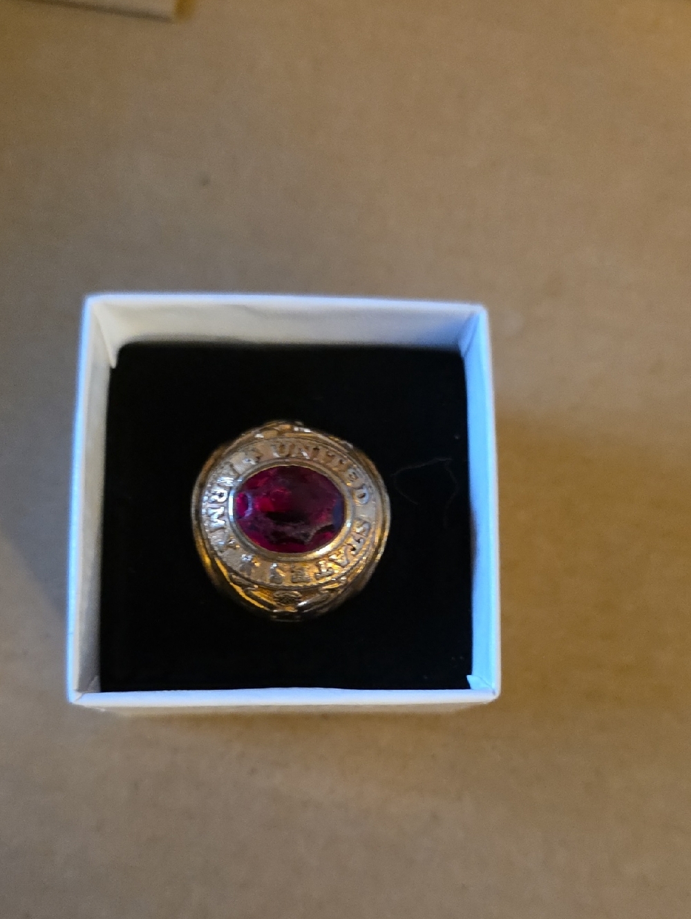 U. S. Army Gold-Tone Ring with Deep Red Center Stone.Pre Loved Vintage Condition